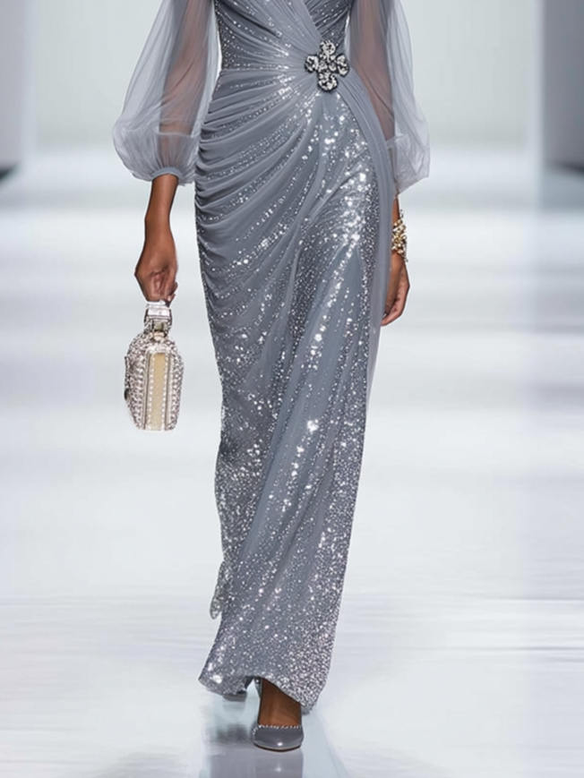 Silver Gray Buckle Glitter Sequin Sweetheart Neckline Long Sleeve Sheath Maxi Dress
