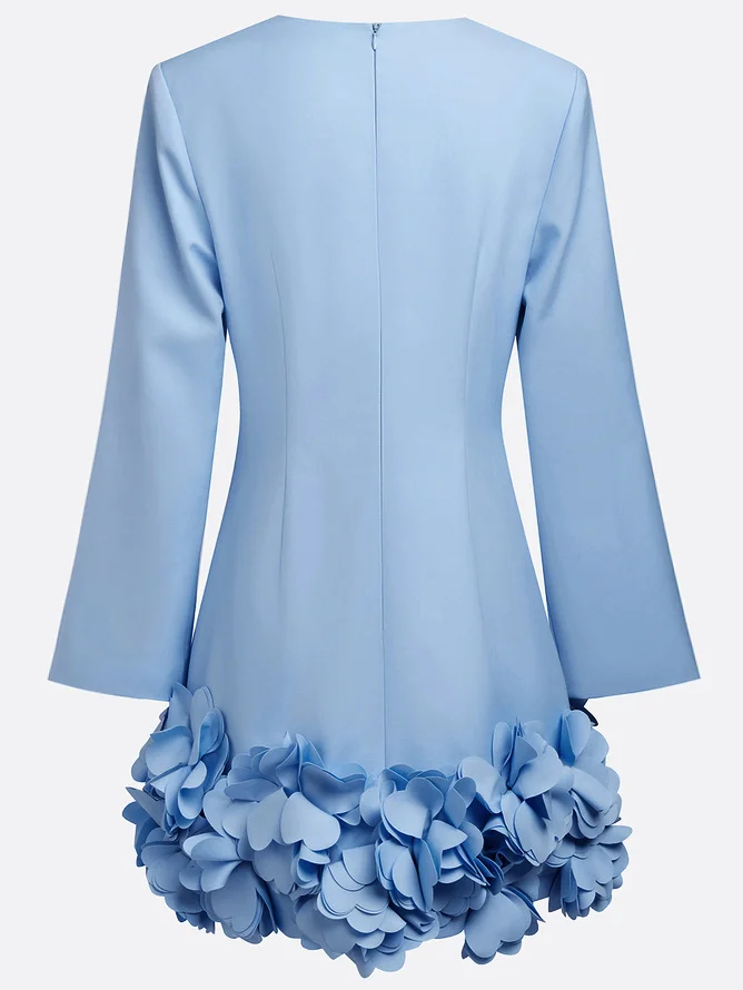 Light Blue 3D Floral Classic Crew Neck Bell Long Sleeve Shift Mini Dress