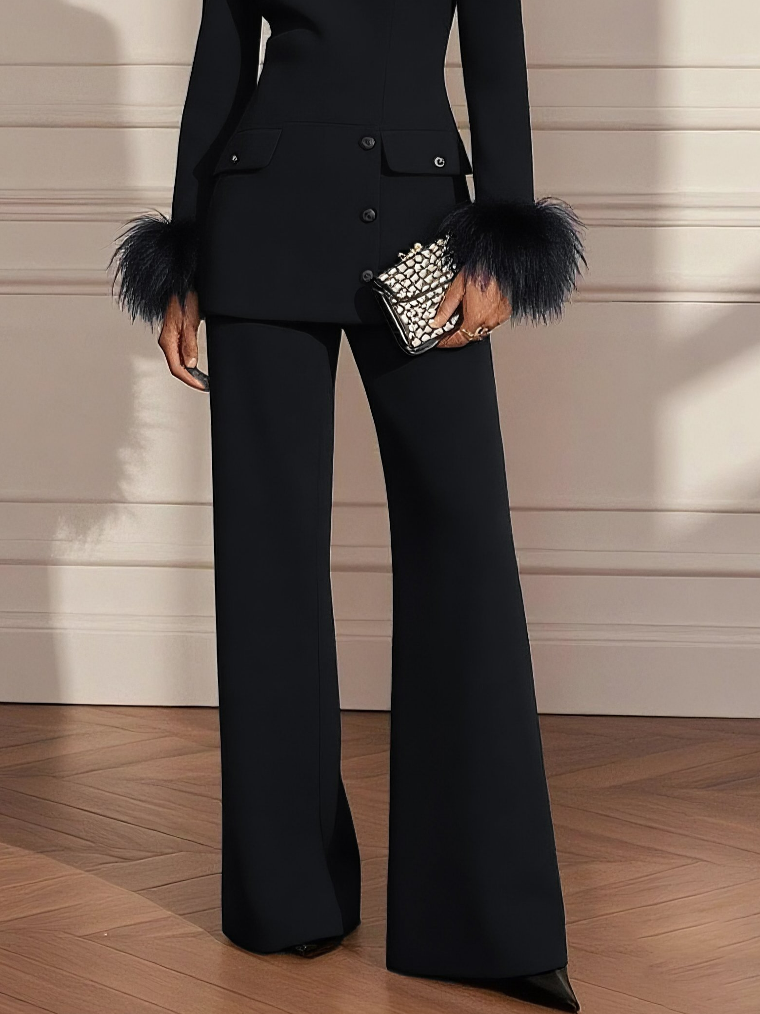 Women Black Feather-trimmed Crew Neck Long Sleeve Dressy Top With Pants Two-Piece Set