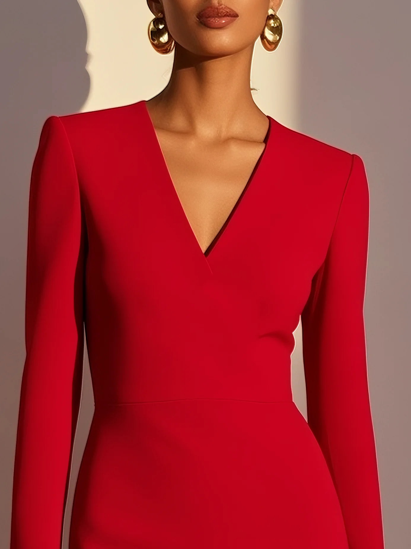 Red 3D Floral Classic V Neck Long Sleeve Sheath Mini Dress
