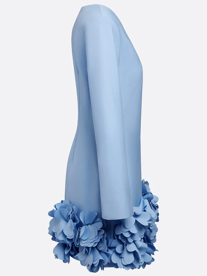 Light Blue 3D Floral Classic Crew Neck Bell Long Sleeve Shift Mini Dress