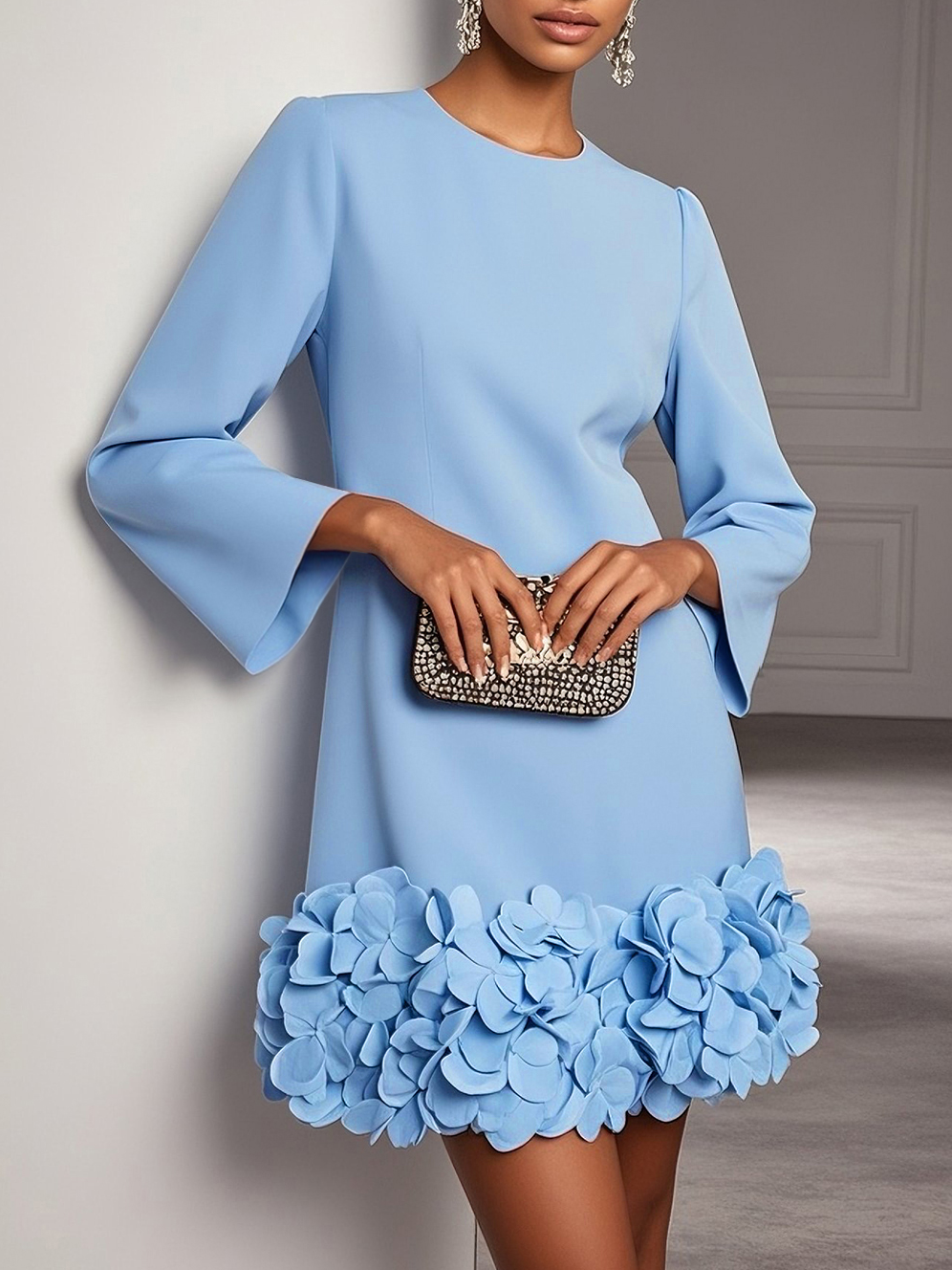 Light Blue 3D Floral Classic Crew Neck Bell Long Sleeve Shift Mini Dress
