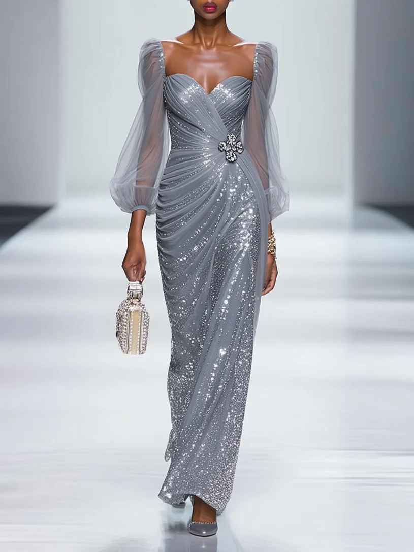 Silver Gray Buckle Glitter Sequin Sweetheart Neckline Long Sleeve Sheath Maxi Dress
