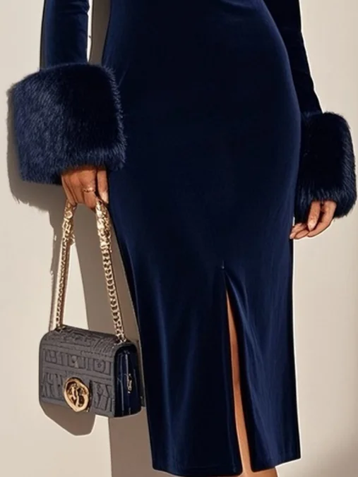 Navy Blue Slit Velvet Crew Neck Faux Fur Long Sleeve Sheath Midi Dress