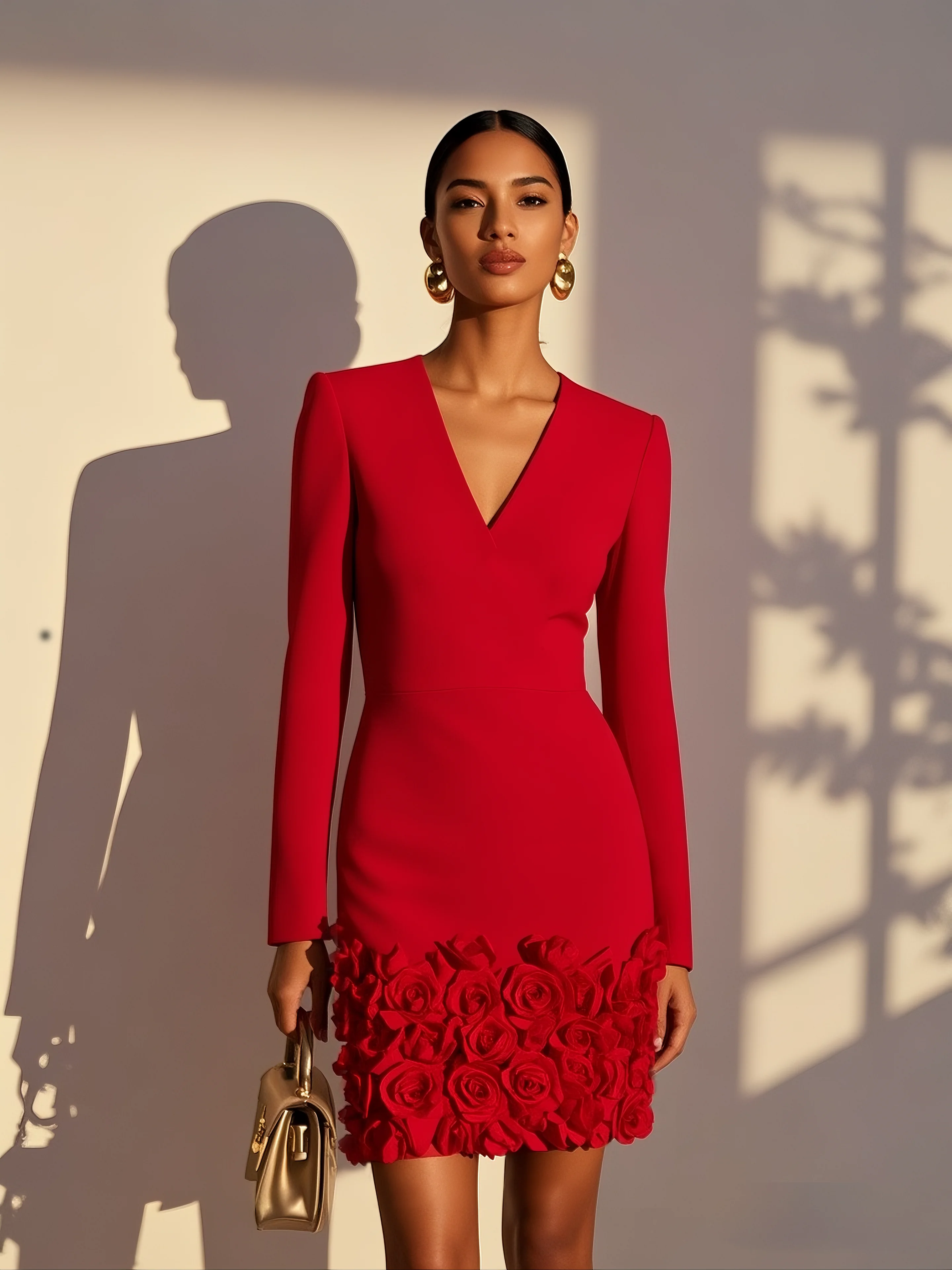 Red 3D Floral Classic V Neck Long Sleeve Sheath Mini Dress