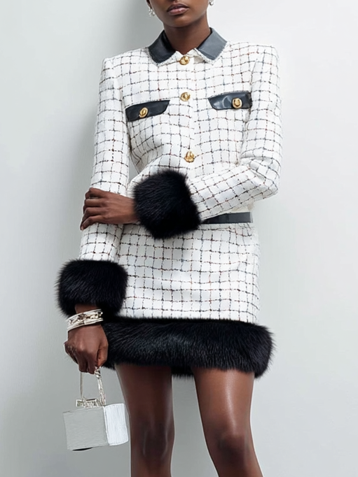 White Buckle Tweed Shawl Collar Long Sleeve Faux fur Shift Mini Dress
