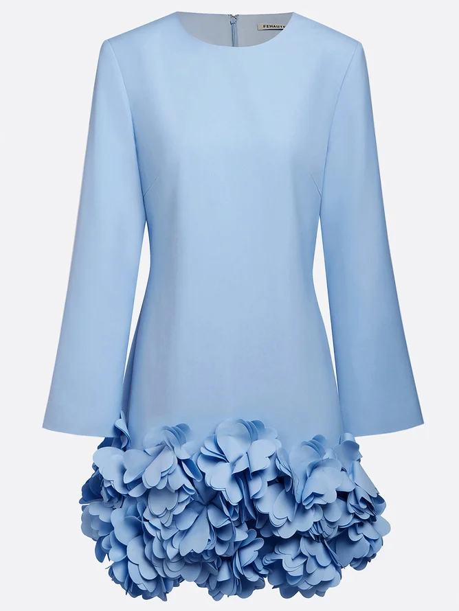 Light Blue 3D Floral Classic Crew Neck Bell Long Sleeve Shift Mini Dress