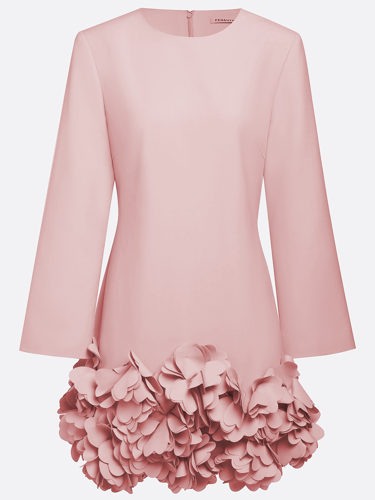 Pink 3D Floral Classic Crew Neck Bell Long Sleeve Shift Mini Dress
