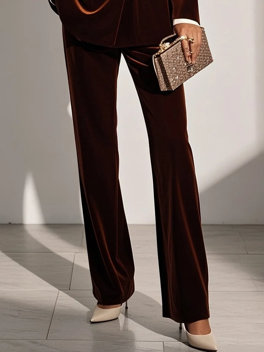 Women Brown Velvet Buckle Shawl Collar Long Sleeve Dressy Coat With Pants Two-Piece Set
