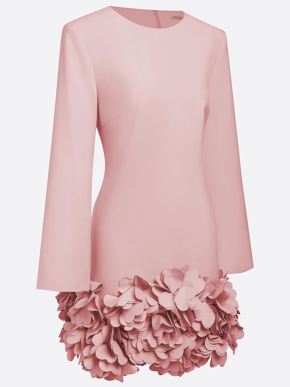 Pink 3D Floral Classic Crew Neck Bell Long Sleeve Shift Mini Dress