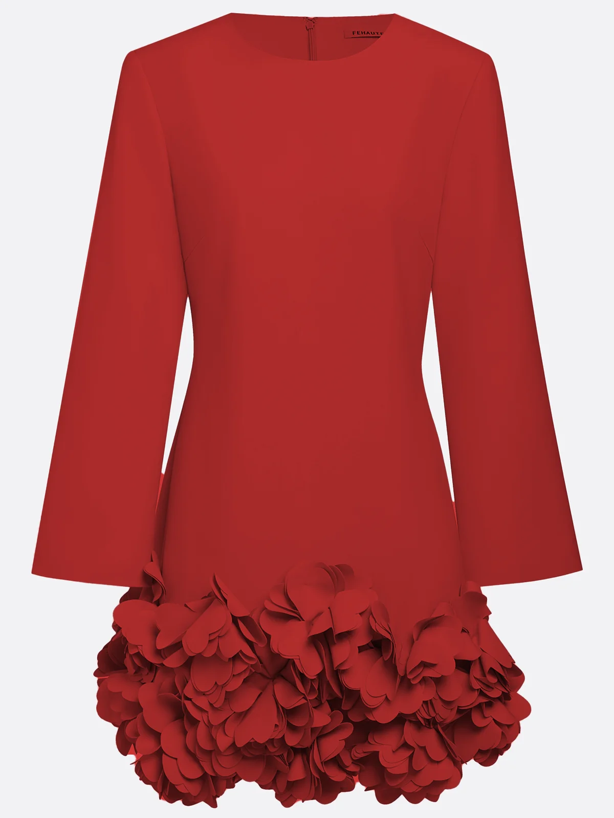 Red 3D Floral Classic Crew Neck Long Sleeve Bell Sleeve Shift Mini Dress