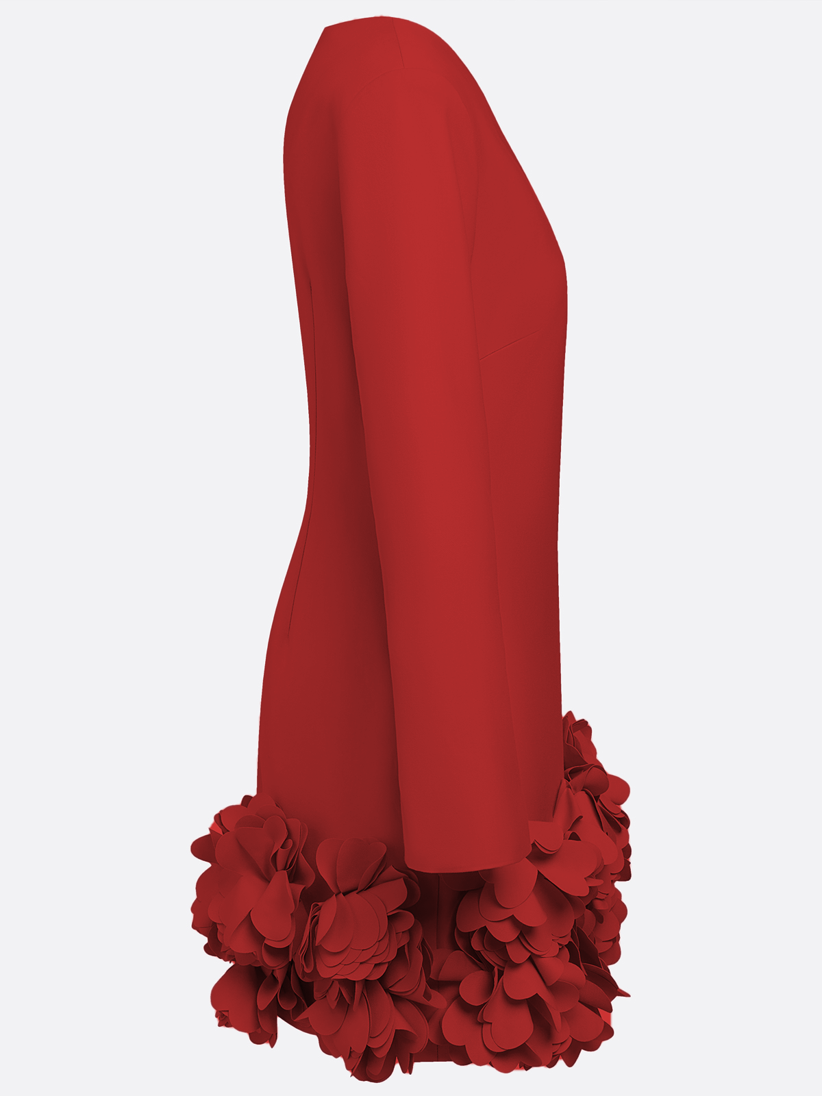 Red 3D Floral Classic Crew Neck Long Sleeve Bell Sleeve Shift Mini Dress