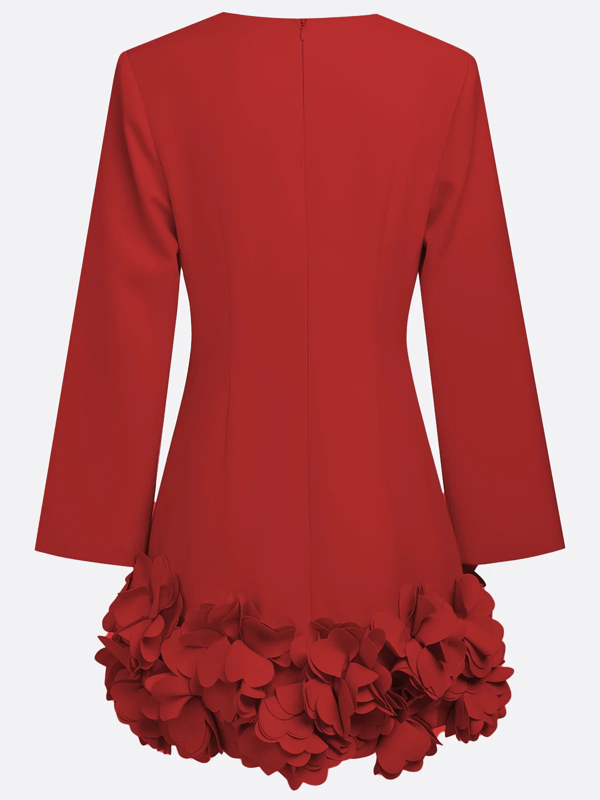 Red 3D Floral Classic Crew Neck Long Sleeve Bell Sleeve Shift Mini Dress
