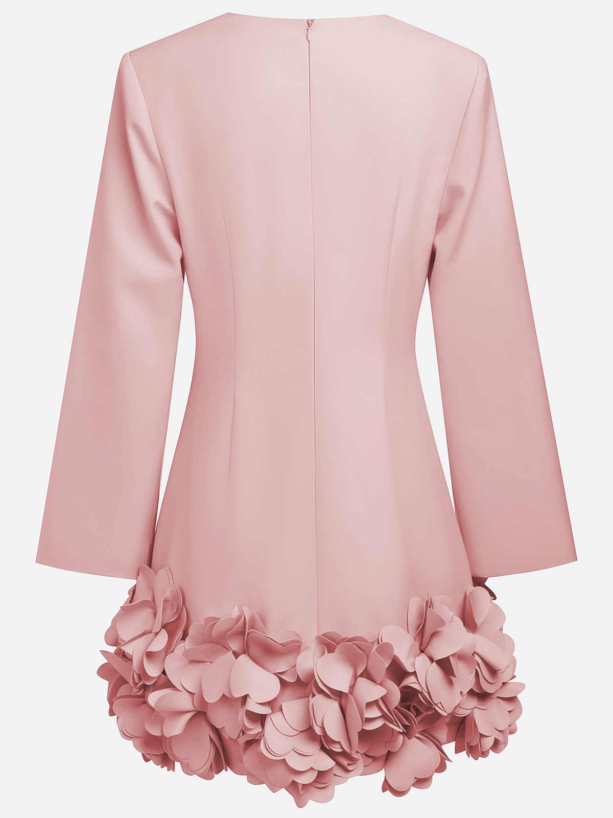 Pink 3D Floral Classic Crew Neck Bell Long Sleeve Shift Mini Dress