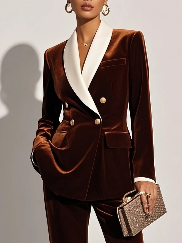 Women Brown Velvet Buckle Shawl Collar Long Sleeve Dressy Coat With Pants Two-Piece Set