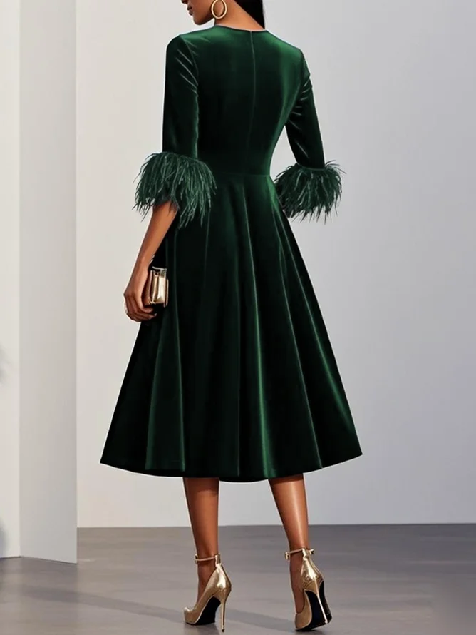 Purplish blue Feather-trimmed Velvet Crew Neck Half Sleeve A-Line Midi Dress
