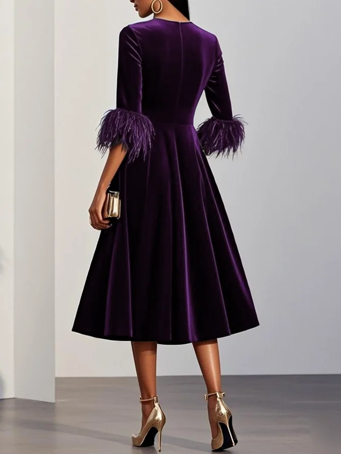 Purplish blue Feather-trimmed Velvet Crew Neck Half Sleeve A-Line Midi Dress