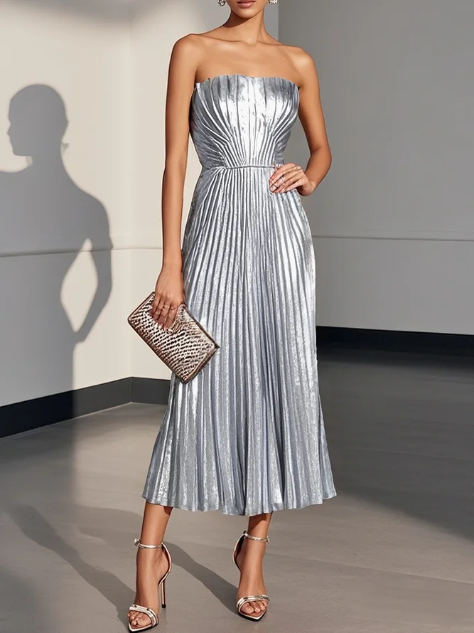 Rose Gold Pleated Satin Strapless Sleeveless A-Line Midi Dress