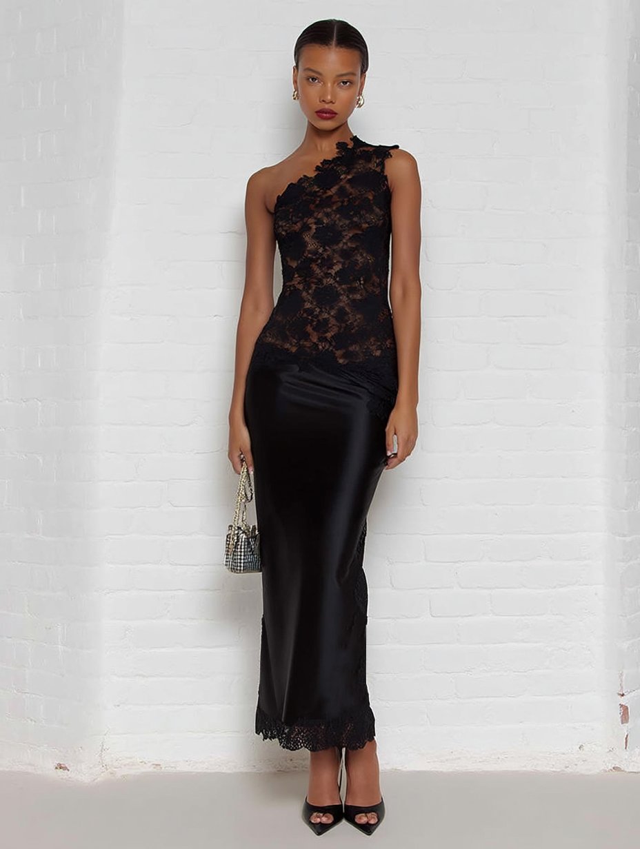 Black Lace One Shoulder Sleeveless Sheath Maxi Dress