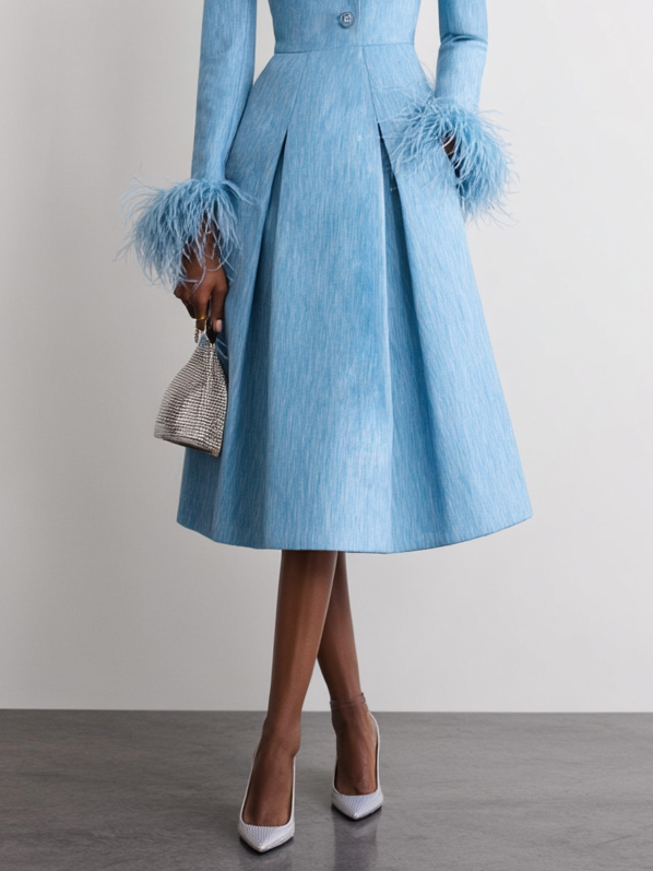 Blue Feather Buckle Classic Cold Shoulder Long Sleeve A-Line Midi Dress