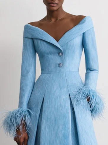 Blue Feather Buckle Classic Cold Shoulder Long Sleeve A-Line Midi Dress