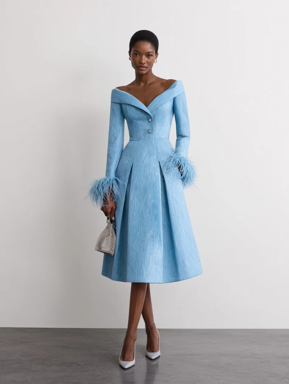 Blue Feather Buckle Classic Cold Shoulder Long Sleeve A-Line Midi Dress