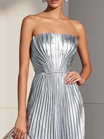 Rose Gold Pleated Satin Strapless Sleeveless A-Line Midi Dress