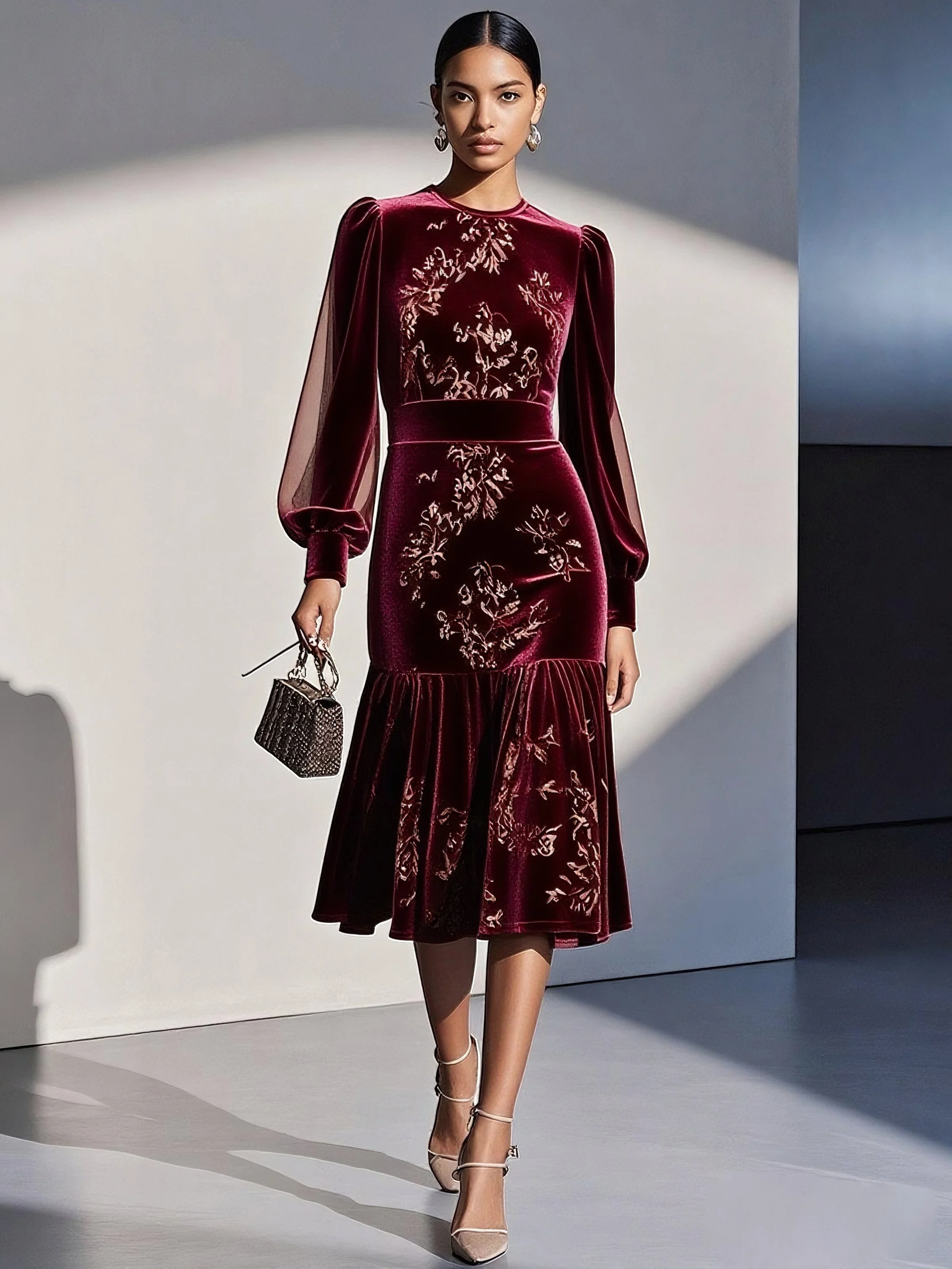 Caramel Brown Mesh Velvet Crew Neck Long Sleeve Balloon Sleeve Mermaid Midi Dress