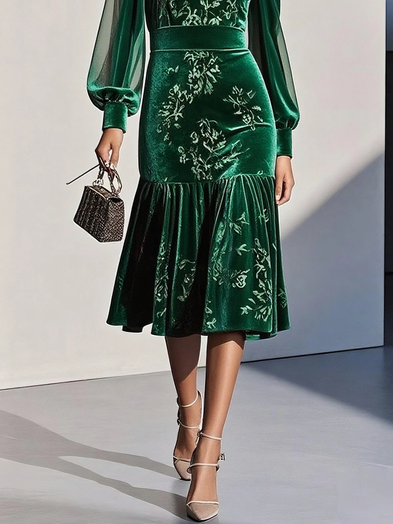 Caramel Brown Mesh Velvet Crew Neck Long Sleeve Balloon Sleeve Mermaid Midi Dress