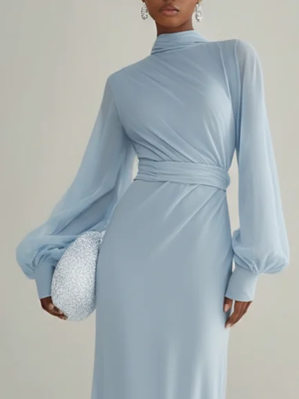 Light Blue Chiffon Mock Neck Long Sleeve Balloon Sleeve A-Line Maxi Dress