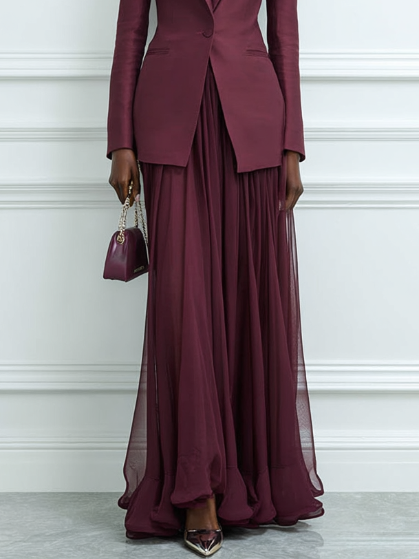 Women Wine Red Shawl Collar Long Sleeve Dressy Dress With Coat Two-Piece Set