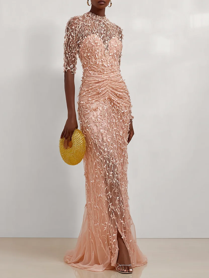 Peach Mesh Lace Crew Neck Half Sleeve Sheath Gown Dress