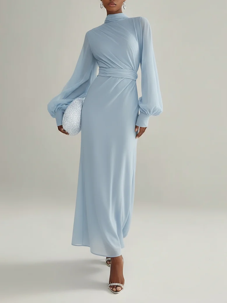 Light Blue Chiffon Mock Neck Long Sleeve Balloon Sleeve A-Line Maxi Dress