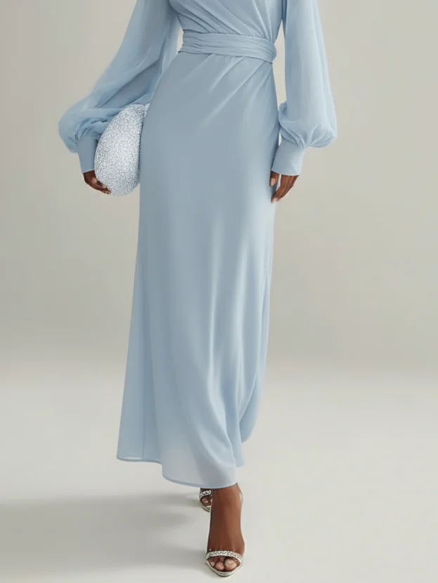 Light Blue Chiffon Mock Neck Long Sleeve Balloon Sleeve A-Line Maxi Dress
