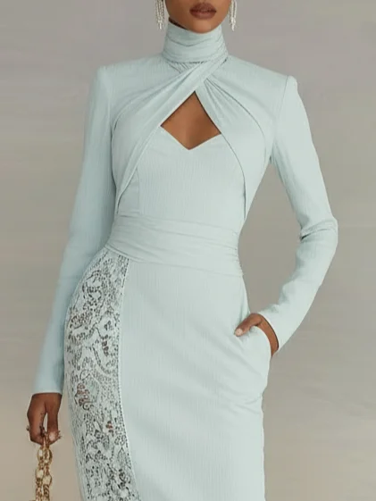 Light Green Mint Lace Classic Mock Neck Long Sleeve Sheath Midi Dress
