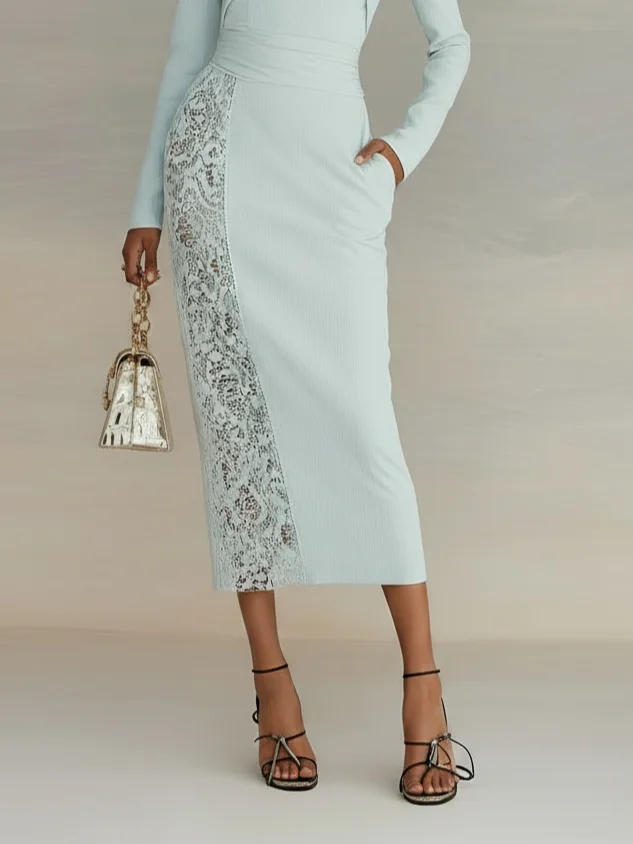 Light Green Mint Lace Classic Mock Neck Long Sleeve Sheath Midi Dress