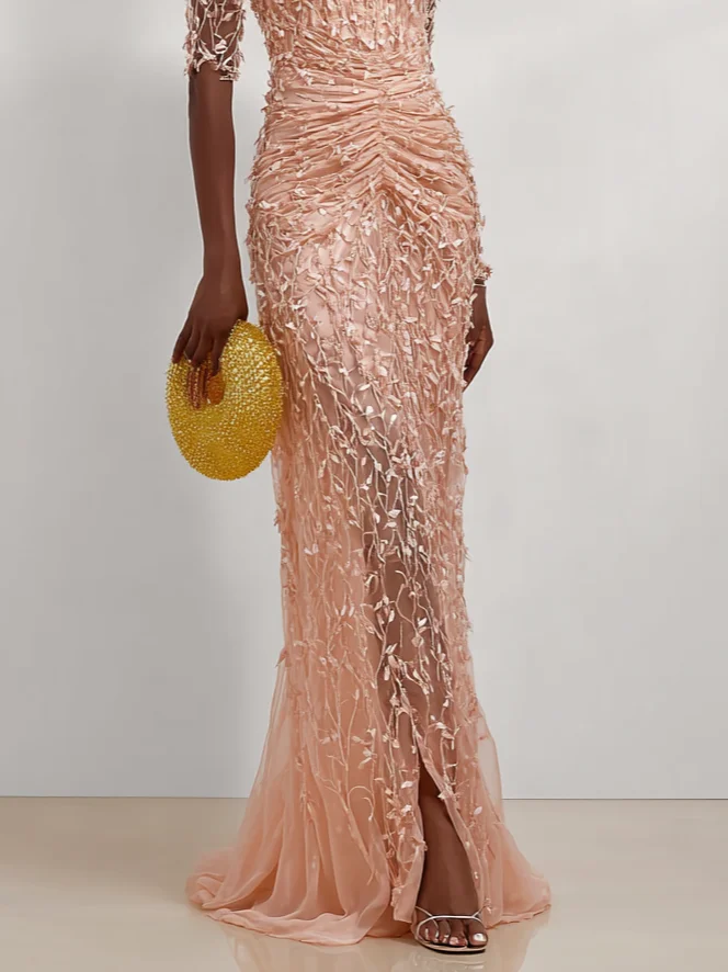 Peach Mesh Lace Crew Neck Half Sleeve Sheath Gown Dress