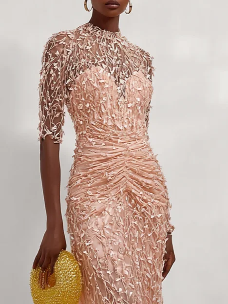 Peach Mesh Lace Crew Neck Half Sleeve Sheath Gown Dress