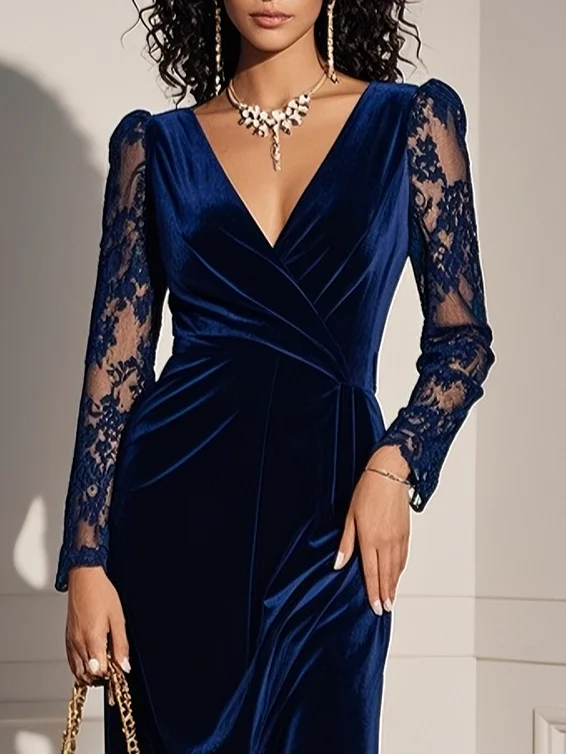 Navy Blue Lace Split Joint Velvet V Neck Long Sleeve Sheath Midi Dress