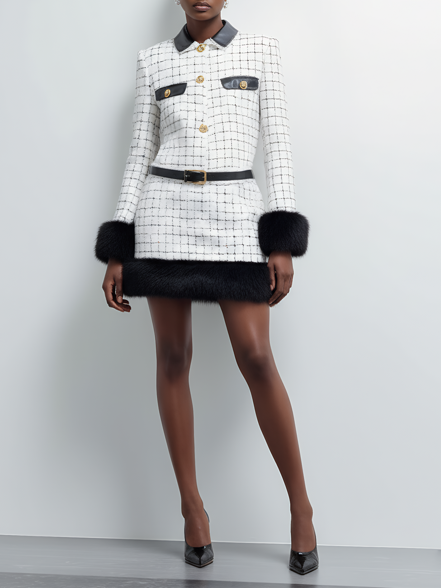 White Buckle Tweed Shawl Collar Long Sleeve Faux fur Shift Mini Dress