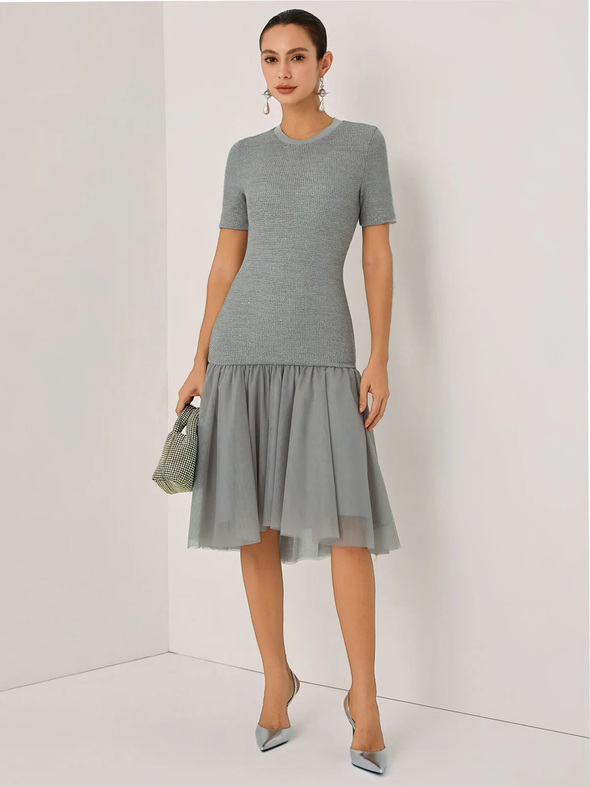 Gray Asymmetric Knit Crew Neck Half Sleeve Mermaid Midi Dress