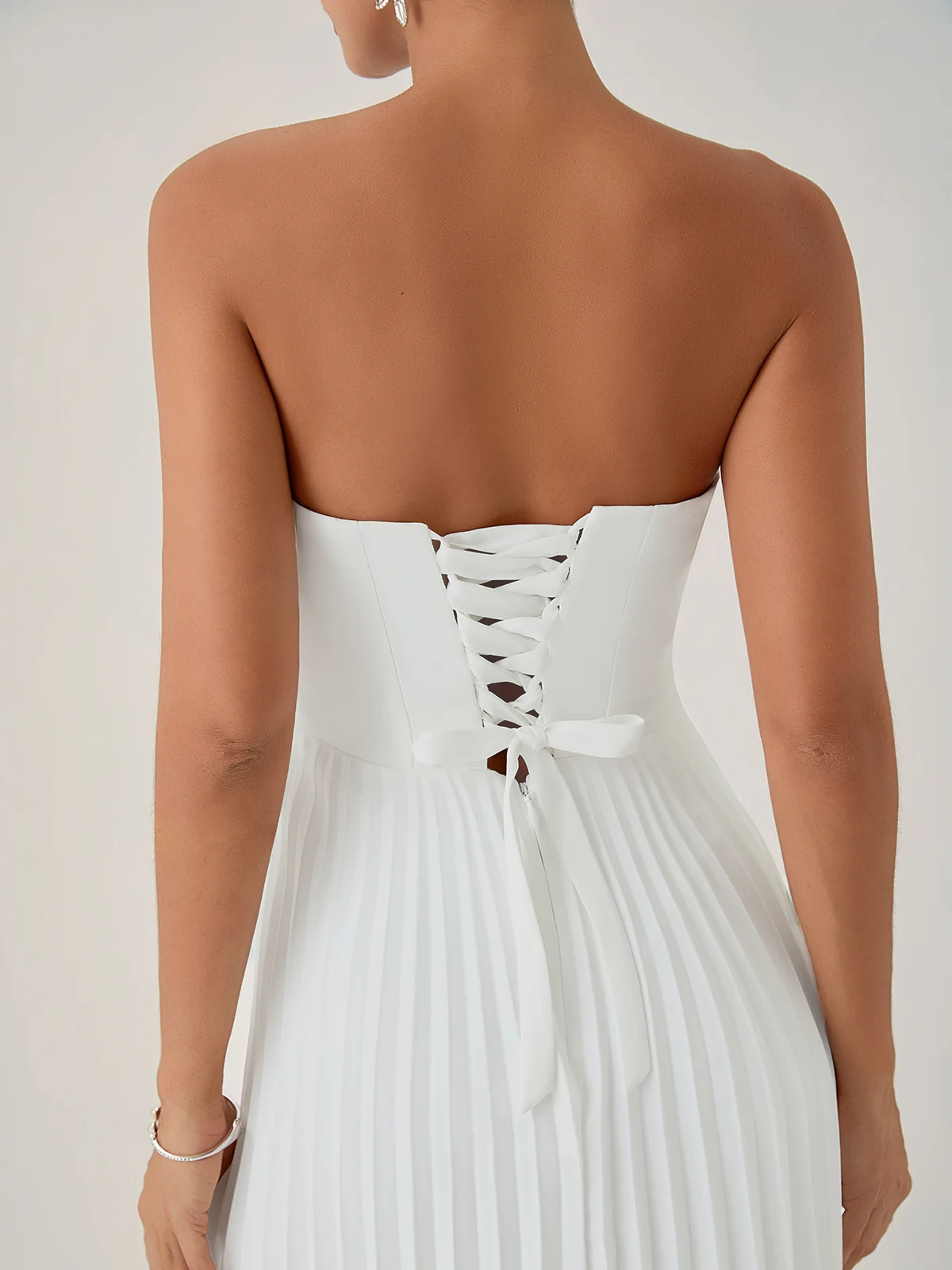 White Pleated Classic Strapless Sleeveless A-Line Maxi Dress