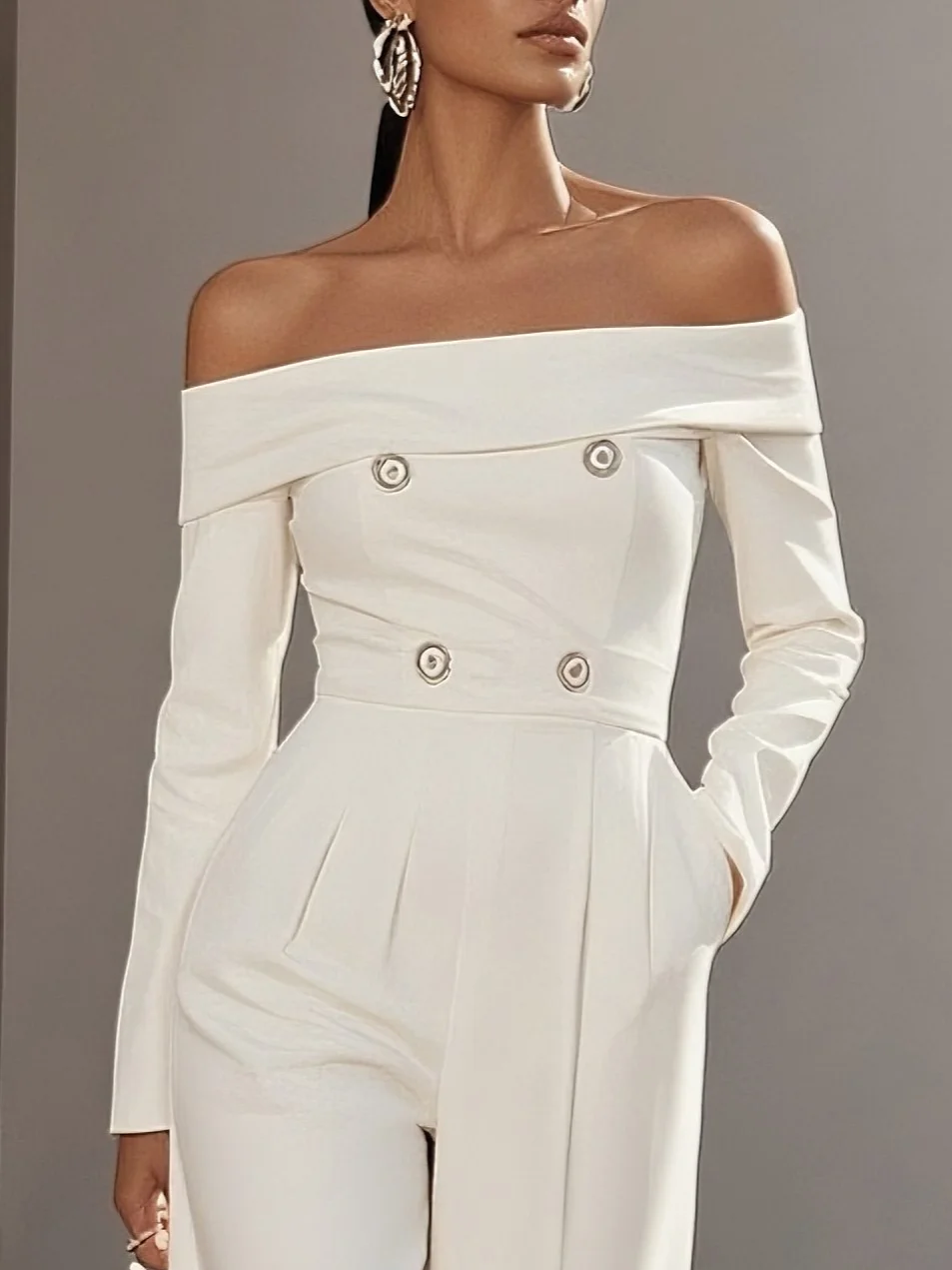 Women White Buckle Off The Shoulder Long Sleeve Dressy Jumpsuit