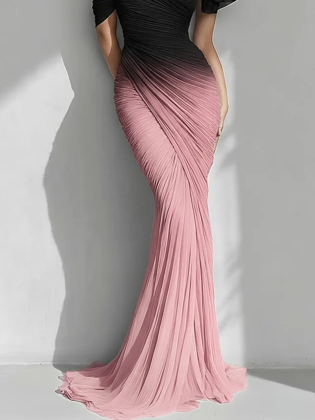 Pink 3D Floral Tulle Asymmetrical Sleeveless Mermaid Gown Dress