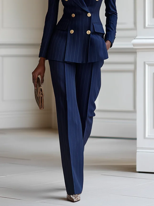 Women Navy Blue Buckle Lapel Collar Long Sleeve Dressy Coat With Pants Two-Piece Set