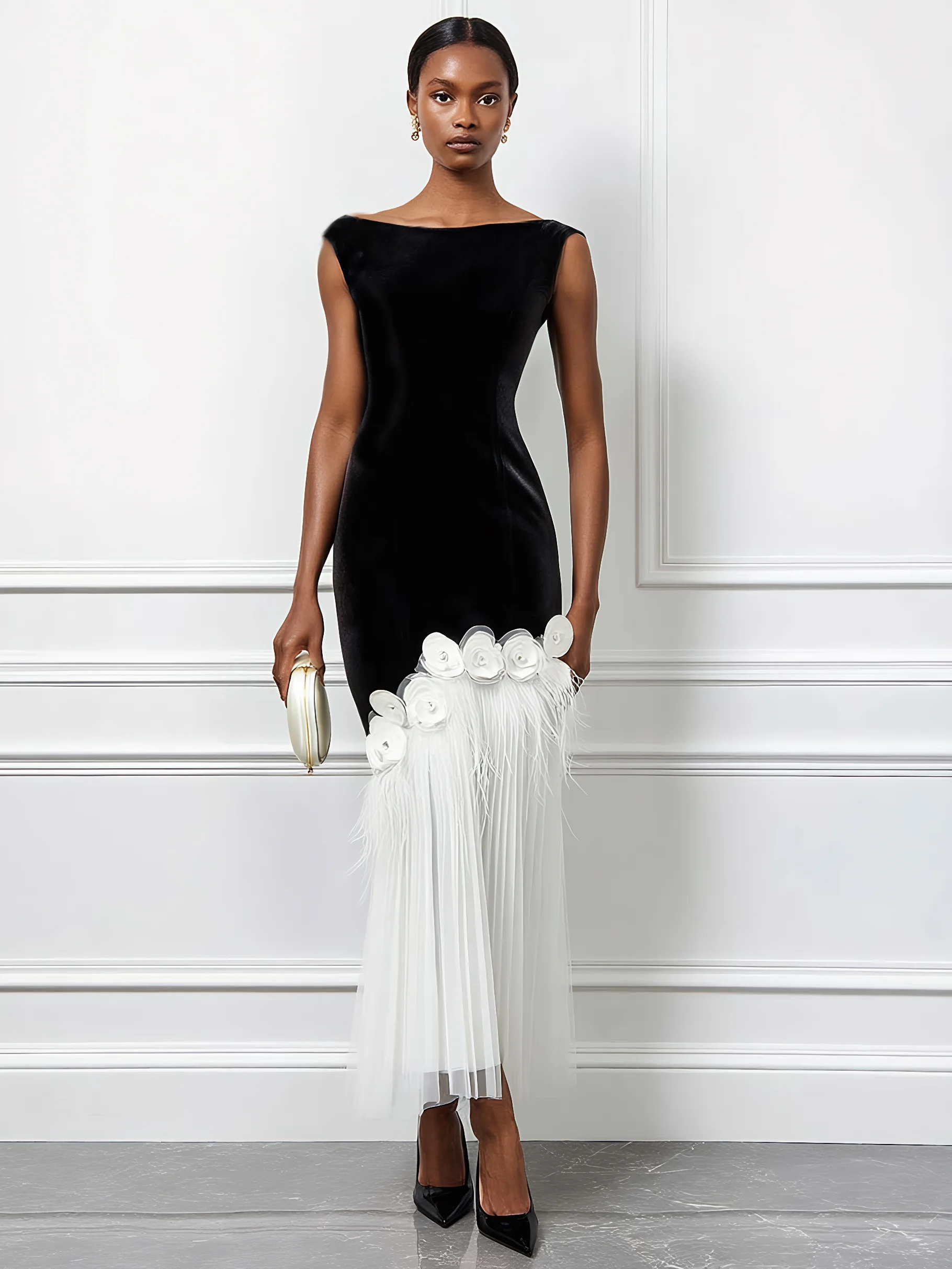 Black Tassel 3D Floral Velvet Boat Neck Sleeveless Mermaid Midi Dress