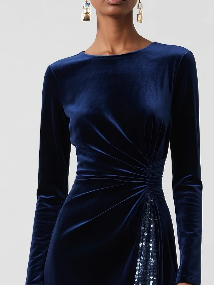 Navy Blue Glitter Velvet Crew Neck Long Sleeve Sheath Midi Dress