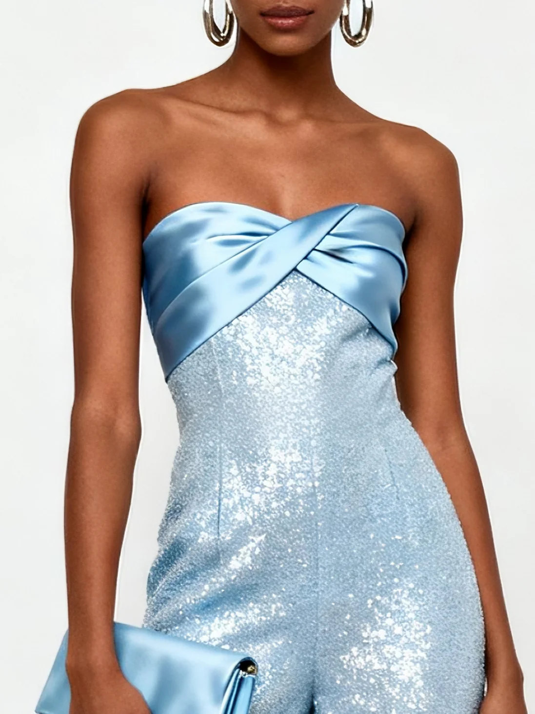 Women Light Blue Strapless Sleeveless Dressy Jumpsuit