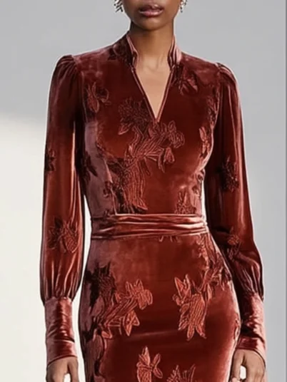 Orange Red Jacquard Velvet V Neck Long Sleeve Mermaid Midi Dress