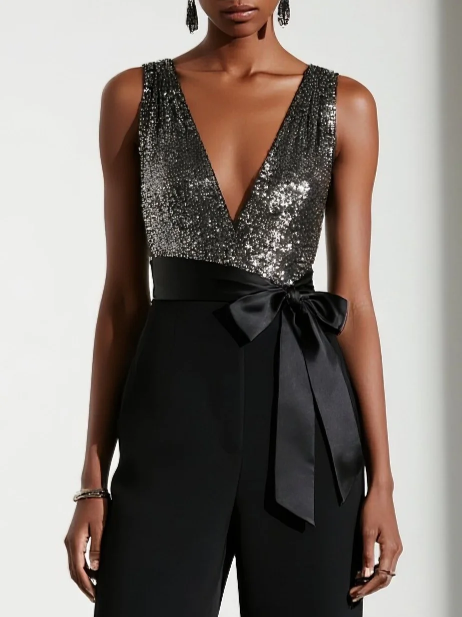 Women Black Bow Glitter V Neck Sleeveless Dressy Jumpsuit
